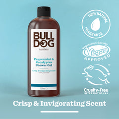 A bottle of Peppermint & Eucalyptus Shower Gel on a light blue background, surrounded by vegan, cruelty-free, and 100% natural fragrance icons. Text: Crisp & Invigorating Cleanse.