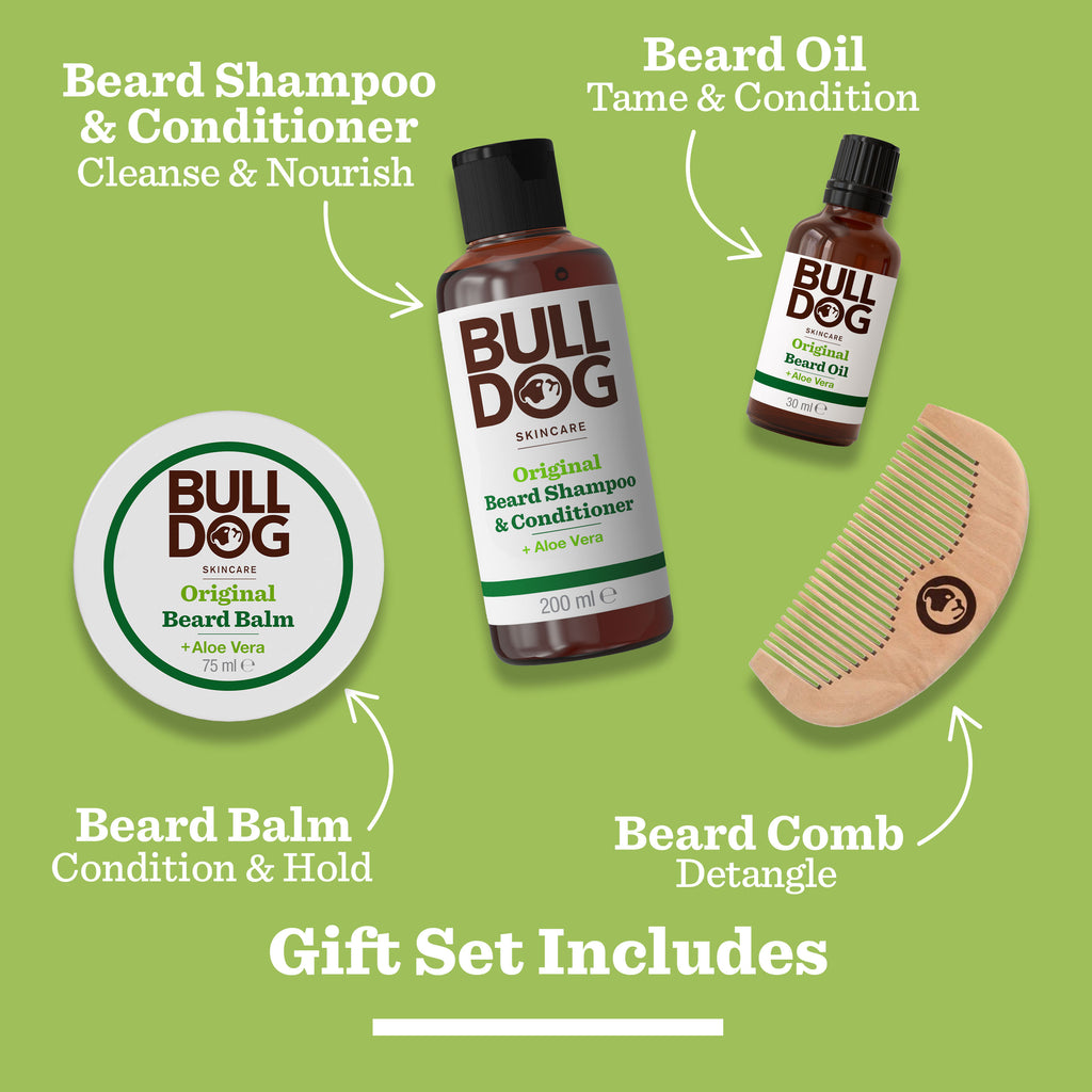 The Original Ultimate Beard Care Kit features beard shampoo & conditioner, beard oil, beard balm, and a wooden comb—ideal for all-in-one grooming. Each item is displayed on a green background highlighting its benefits.