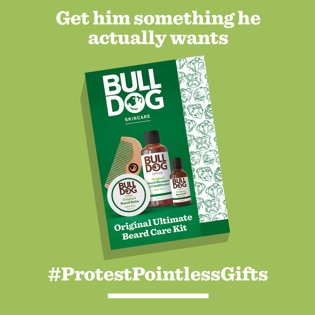 An Original Ultimate Beard Care Kit is displayed on a green background with the text: Get him something he actually wants and #ProtestPointlessGifts.