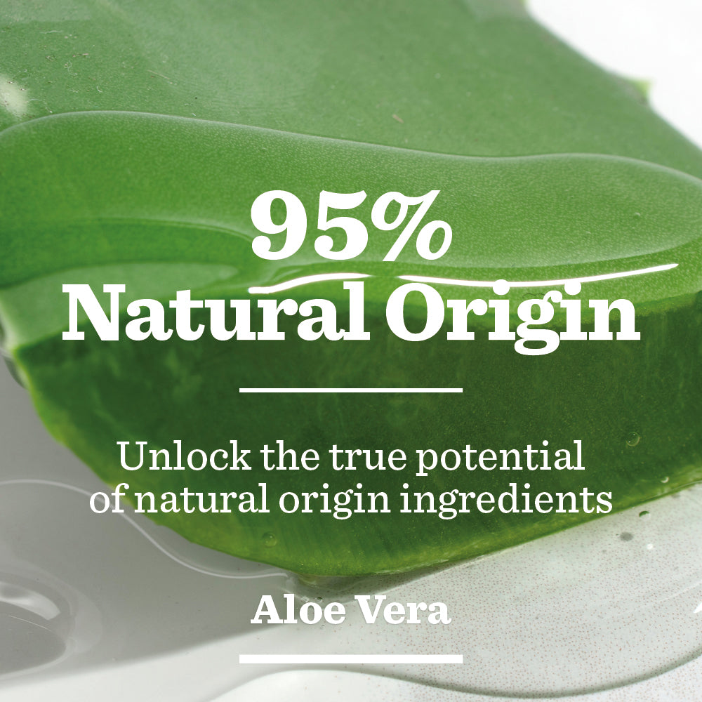 A close-up of a fresh aloe vera leaf with text overlay: 95% Natural Origin. Unlock true hydration with natural ingredients—perfect for your body lotion routine. Try Original Body Lotion with Aloe Vera.