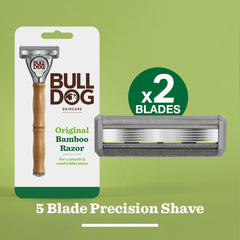 The Original Bamboo Razor is displayed in its packaging, with a close-up of its tempered steel blades. The green background features the text x2 blades and 5 Blade Precision Shave.