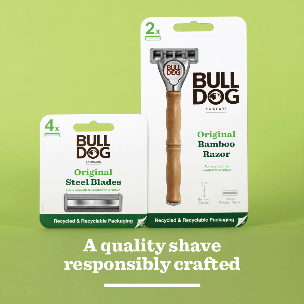 The Original Bamboo Razor is shown in eco-friendly packaging on a green background with the text: “A quality shave responsibly crafted.”.