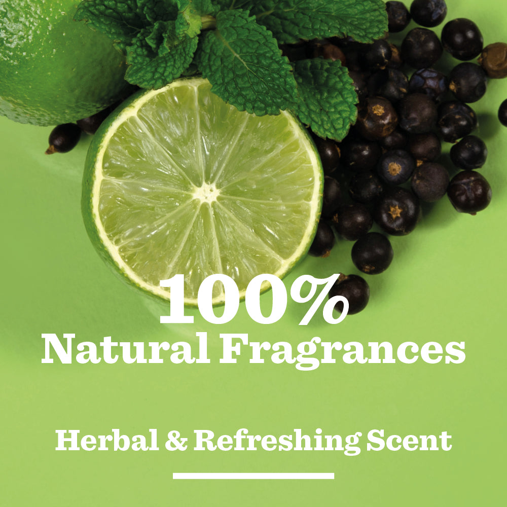 A sliced lime, fresh mint, and dark berries on green with “100% Natural Fragrances” and “Herbal & Refreshing Scent” in white—a perfect fit for Original Natural Deodorant with 24-hour odour protection for men’s grooming.