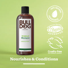 A bottle of Original Shampoo stands on a green background, surrounded by icons for 100% natural fragrance, vegan approved, and cruelty-free—highlighting men’s hair care with nourishing natural ingredients. Text below: Nourishes & Conditions.