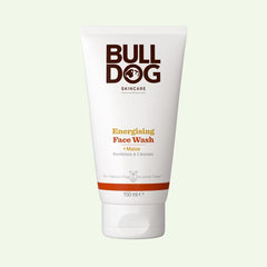 A 150 ml white tube of Energising Face Wash for men with maize is shown on a light green background. Made with natural-origin ingredients, this face wash cleanses and revitalises tired skin.