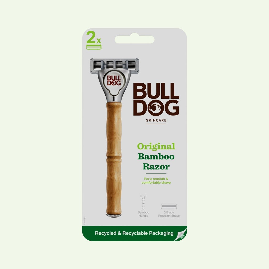 The Original Bamboo Razor is shown in its packaging, featuring a bamboo handle and 5 tempered steel blades for precision. Recycled and recyclable packaging is noted, with the razor and brand logo clearly visible.