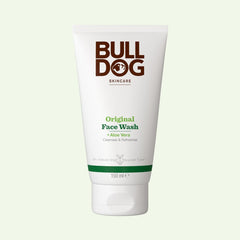 A white 150ml tube of Original Face Wash for men with Aloe Vera and natural ingredients, bold brown and green text on front, standing upright on a pale background.