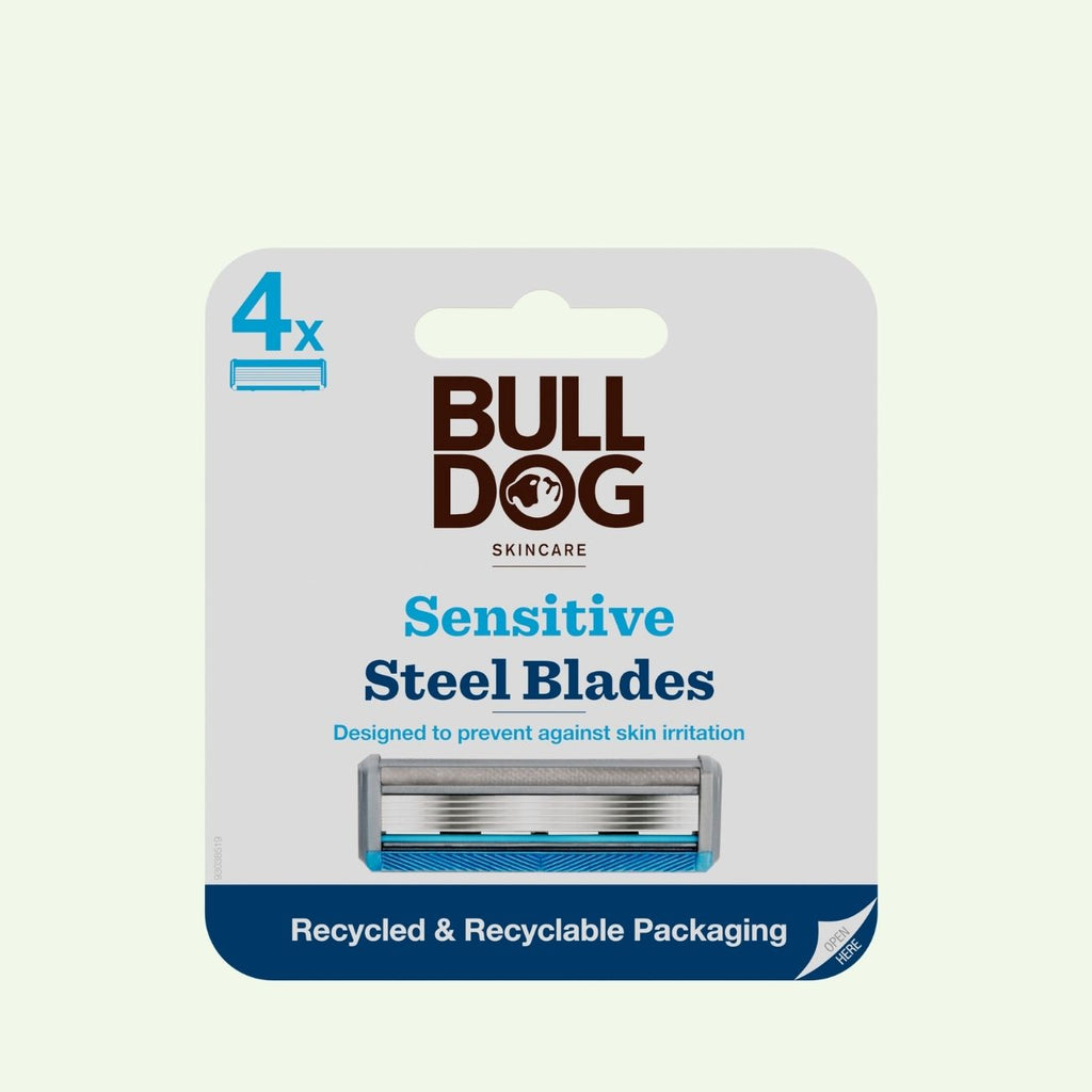 A package of Sensitive Steel Blades includes four tempered steel replacement blades in recycled, recyclable packaging, designed to help prevent skin irritation.