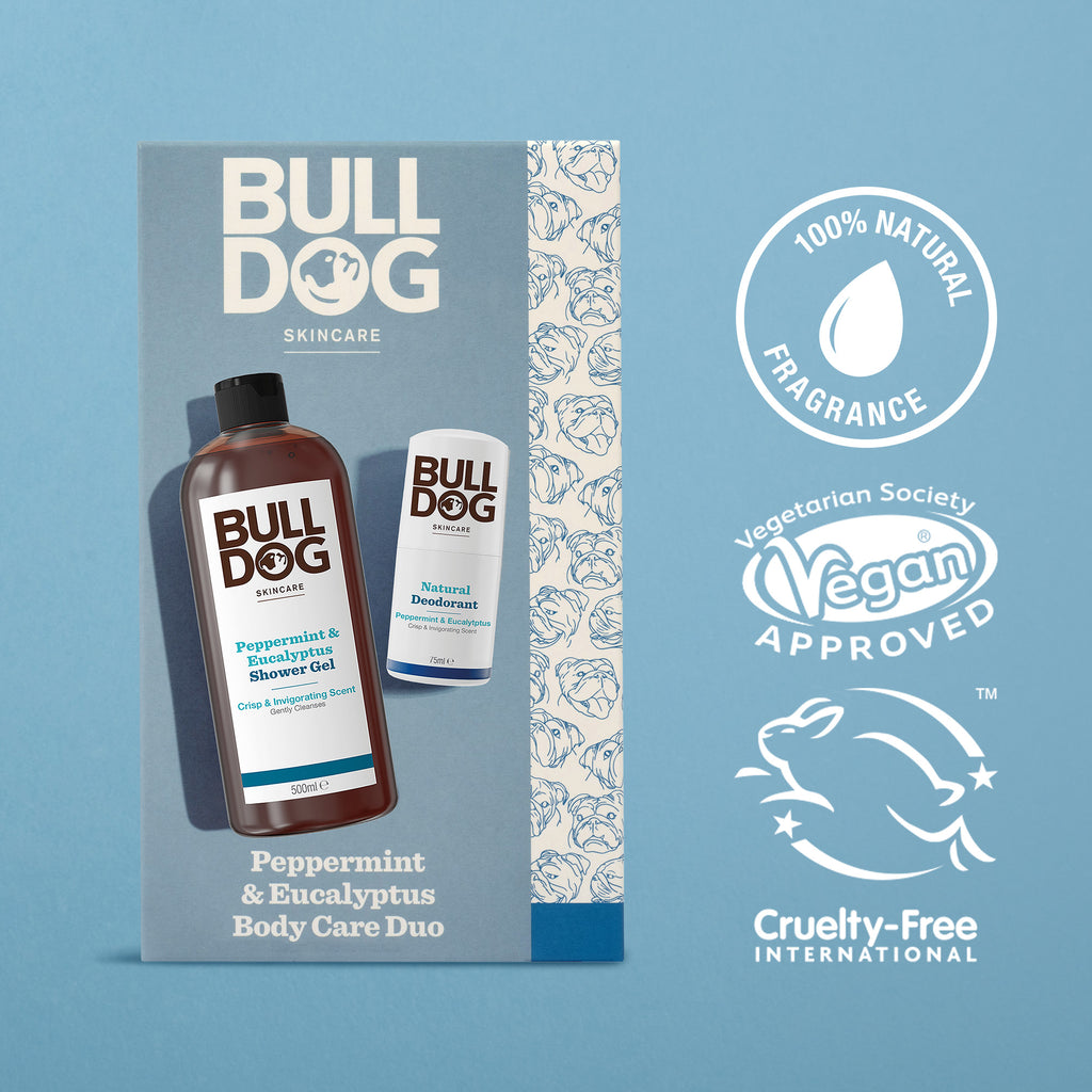 Peppermint & Eucalyptus Body Care Duo box with shower gel and deodorant on a blue background—an ideal men’s gift. Logos for natural fragrance, vegan, and cruelty-free certifications are also displayed.