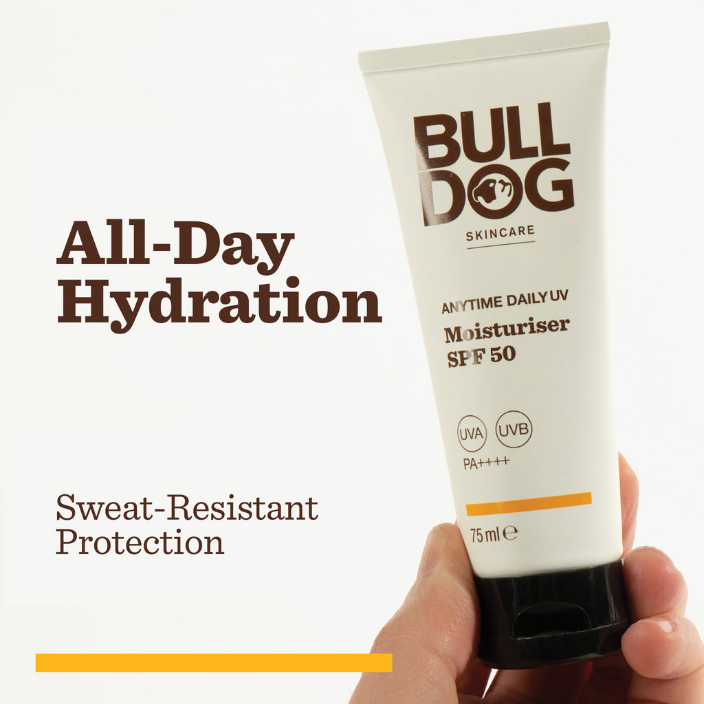 A hand holds a tube of Anytime Daily UV Moisturiser SPF 50. On the left, text reads All-Day Hydration & Sweat-Resistant Protection, highlighting lasting moisture and reliable UV defense on a white background.
