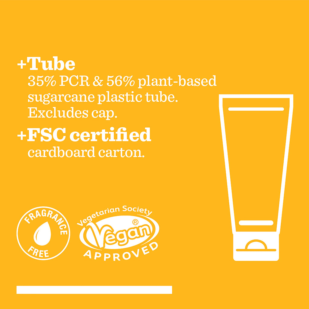 Yellow background with a white tube outline. Text: Anytime Daily UV Moisturiser SPF 50—35% PCR & 56% sugarcane plastic tube (excl. cap), FSC certified carton, all-day hydration, sweat-resistant, fragrance free & vegan approved logos shown.