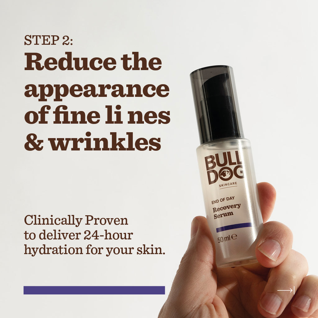 A hand holds a bottle from the End of Day Collection Bundle. Text: Step 2—Reduce fine lines & wrinkles. Made with natural origin ingredients; clinically proven 24-hour hydration.