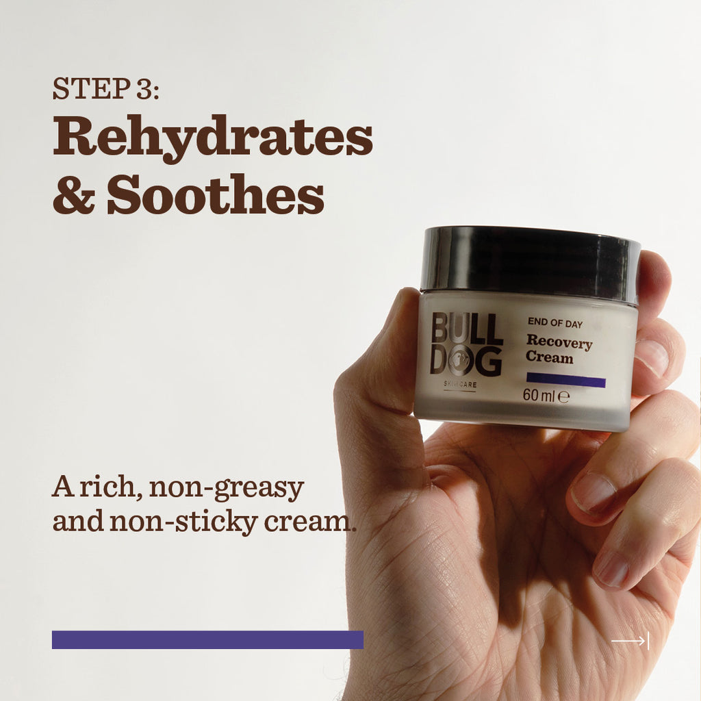 A hand holds a 60 ml jar from the End of Day Collection Bundle. Text reads: Step 3: Rehydrates & Soothes. This rich, non-greasy cream with natural origin ingredients is part of the End of Day Collection. Arrow points right.